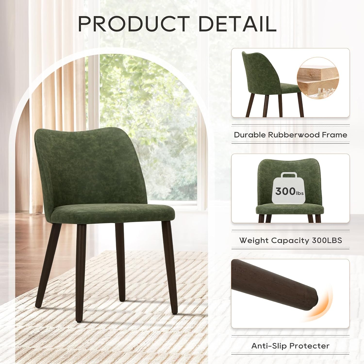 COLAMY Upholstered Dining Chairs Set of 6, Modern PU Leather Dining Room Kitchen Side Chair with Padded Seat and Wood Legs Restaurant/Cafe, Green