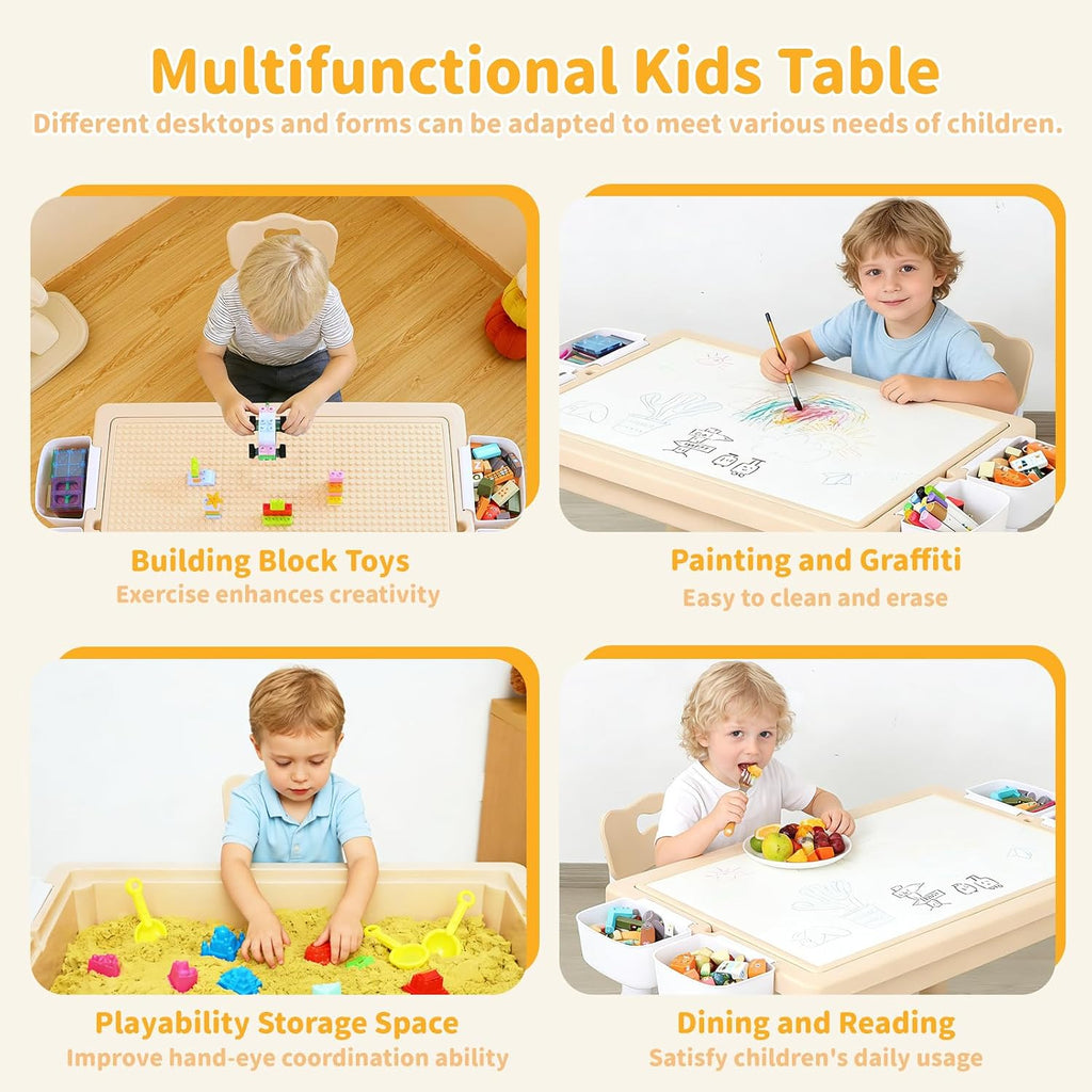 4 in 1 Kids Table and 2 Chairs Set, Large Storage Toddler Table and Chair Set with 4 Side Box, Graffiti/Building Blocks Double-Sided Tabletop, Multi-Functional Children Activity Table