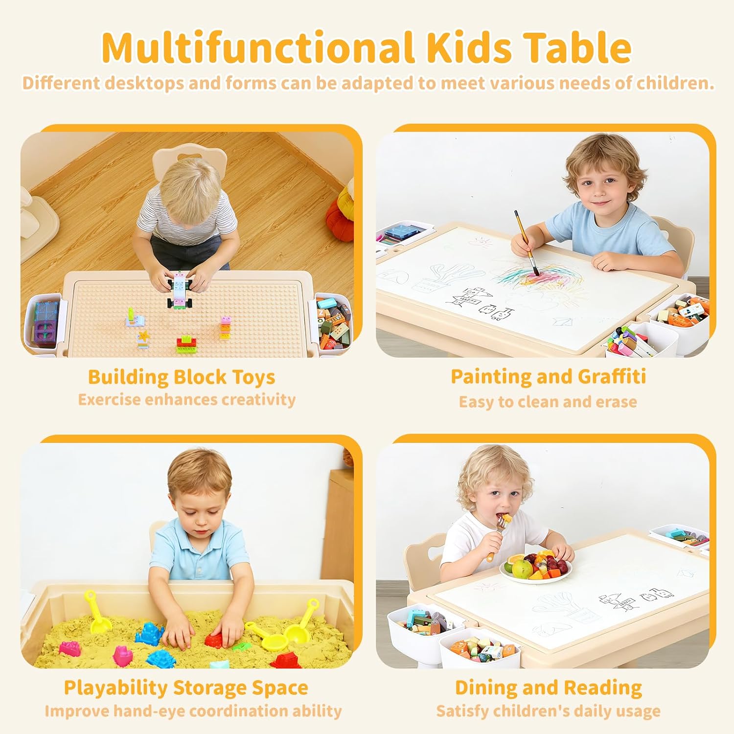 4 in 1 Kids Table and 2 Chairs Set, Large Storage Toddler Table and Chair Set with 4 Side Box, Graffiti/Building Blocks Double-Sided Tabletop, Multi-Functional Children Activity Table