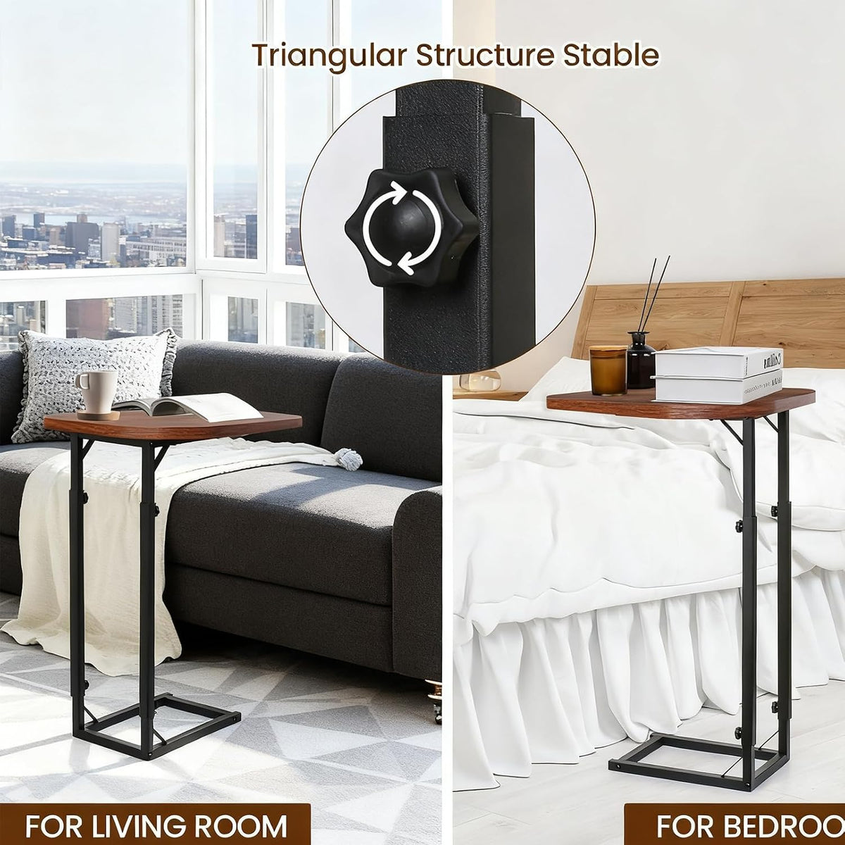 Adjustable Side Table, C Shaped End Table for Couch, Bedside Table TV Tray Small Coffee Table, Narrow Side Tables for Living Room, Bedroom, Bathroom, Small Table for Sofa, Bed, Couch