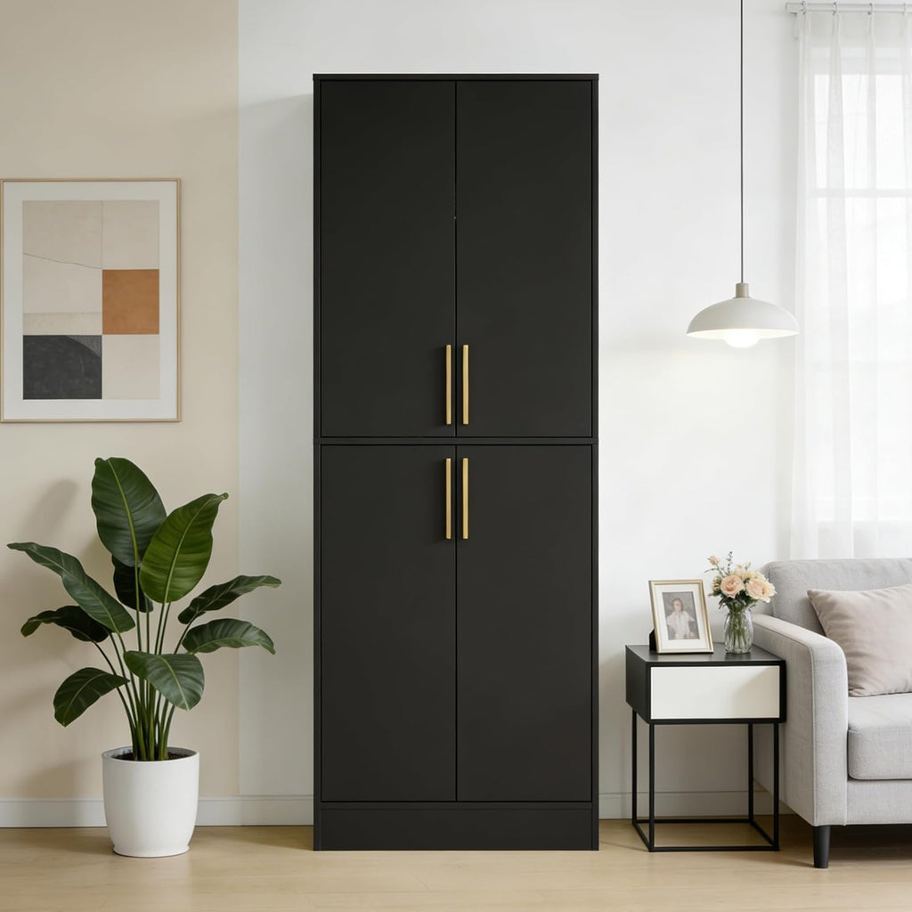 Housoul 71" Tall Pantry Cabinet, 4 Doors Kitchen Pantry Storage Cabinet, Freestanding Larder Cupboard, Kitchen Hutch with Gold Handles for Dining Room, Bathroom, Black