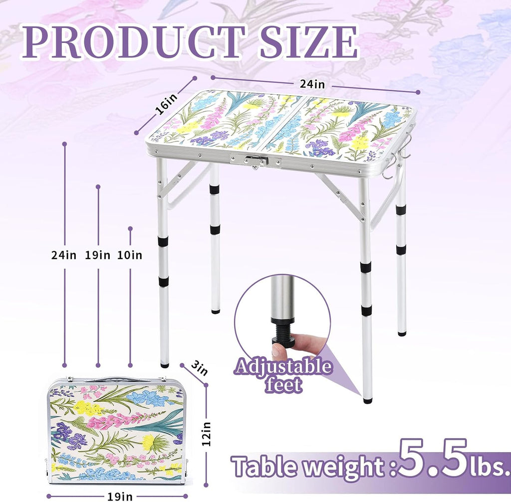 Yriuat Folding Camping Table 2ft Portable Picnic Table, Blooming Floral | Adjustable Height, Carry Handle, Aluminum Foldable Lightweight Small Card Table for Outdoor, Indoor, Hiking, Camp, BBQ, Beach