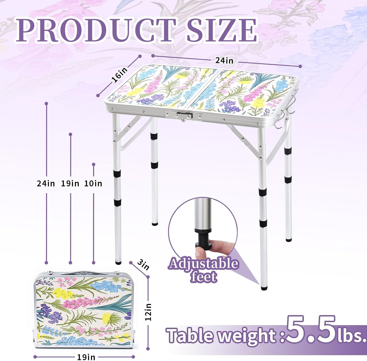 Yriuat Folding Camping Table 2ft Portable Picnic Table, Blooming Floral | Adjustable Height, Carry Handle, Aluminum Foldable Lightweight Small Card Table for Outdoor, Indoor, Hiking, Camp, BBQ, Beach