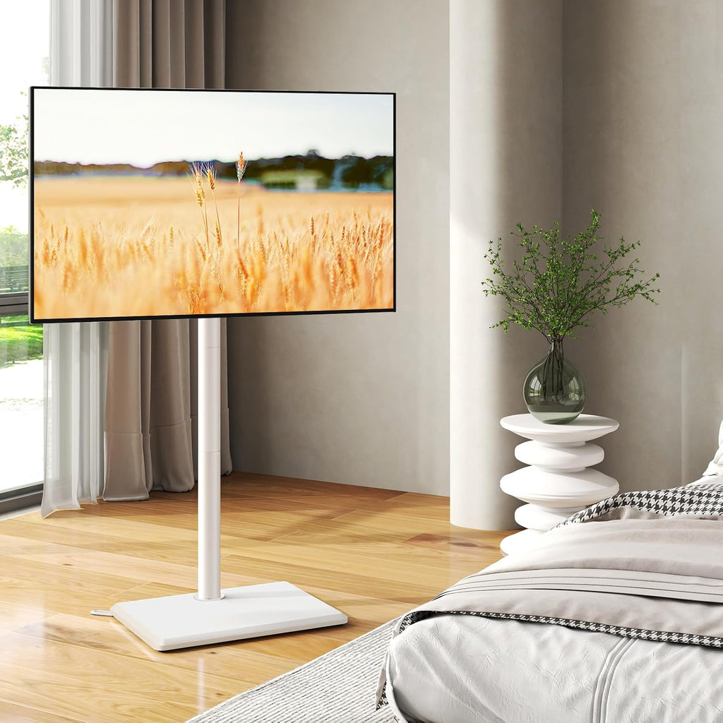 TVON Universal Floor TV Stand with Mount for Most 32-65 Inch TV up to 88lbs | Height Adjustable TV Floor Stand with Wood Base for Space Saving (WHITE, Wooden Base)