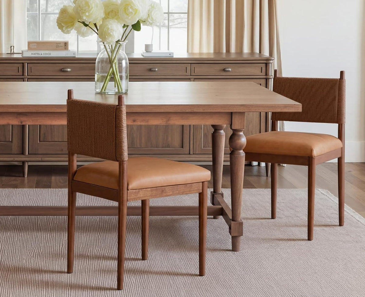 EALSON Rattan Dining Chairs Set of 2 Leather Upholstered Dining Room Chairs with Walnut Wooden Legs and Woven Back Mid Century Modern Kitchen Chairs Comfortable Armless Side Chairs for Kitchen, Brown