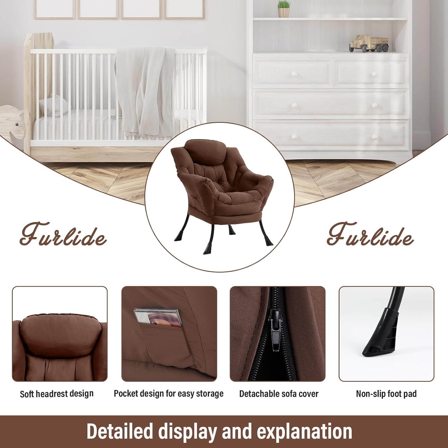Furlide Lazy Chair for Living Room, Modern Accent Chairs with Armrests, Dark Brown Armchairs with Side Pocket, Cozy Lazy Sofa for Reading, Balcony, Bedroom, Dorm, Small Spaces