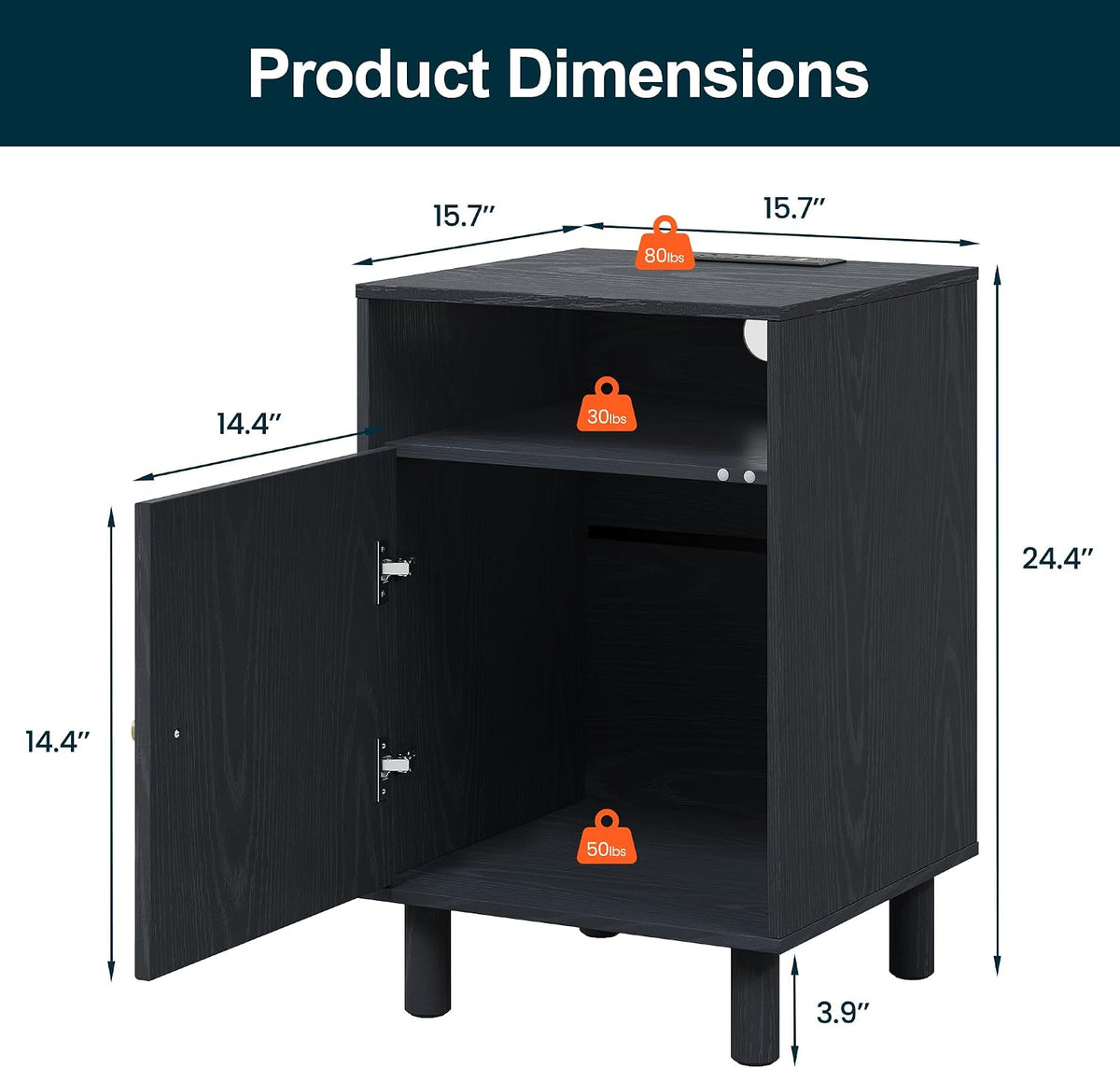 RoyalCraft Black Nightstand with Charging Station, End Table with Storage | Mid-Century Modern End Table for Living Room, Side Table with Solid Wood Legs, Bedside Table for Bedroom, Entryway