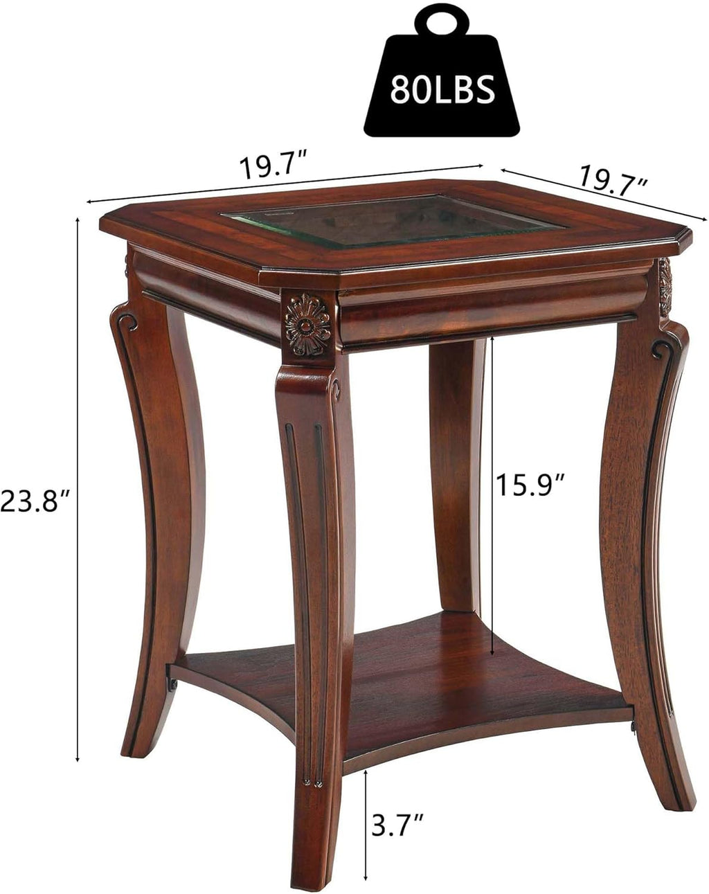 PADMA HOUSE Traditional Wood End Table with Glasstop and Curved Legs, Square Solid Wood Sofa Side Table with Storage Shelf, 2-Tier Glass Bedside Tables in Cherry for Living Room,19.7 * 19.7 * 23.8in