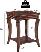 PADMA HOUSE Traditional Wood End Table with Glasstop and Curved Legs, Square Solid Wood Sofa Side Table with Storage Shelf, 2-Tier Glass Bedside Tables in Cherry for Living Room,19.7 * 19.7 * 23.8in