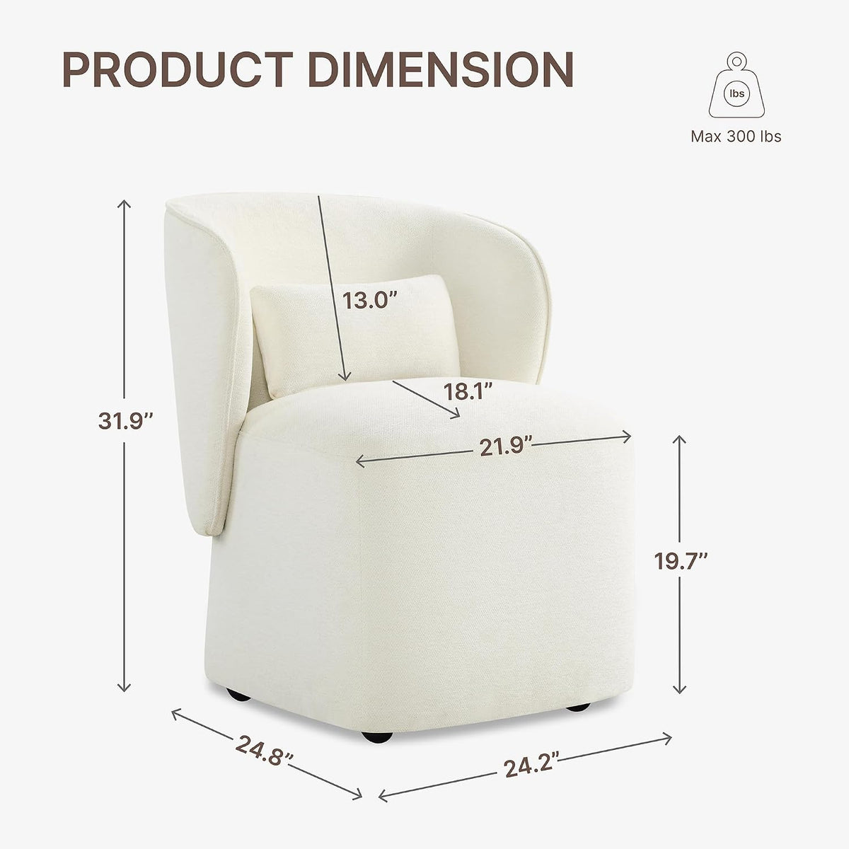 KISLOT Upholstered Dining Chairs with Wheels, Easy Assembly Stain Resistant Fabric Modern Barrel Armchair with Lumbar Cushion, Dining Room Chairs for Kitchen Living Room Bedroom, Beige, Set of 1