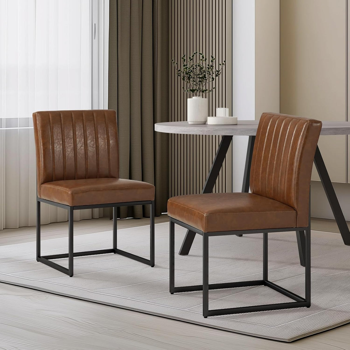 Kitchen Chairs Set of 2, Upholstered PU Leather Dining Chairs Metal Frame | Mid Century Modern Side Chairs Industrial Brown Accent Chair for Dining Room, Living Room, Waiting Room, Reception, Office
