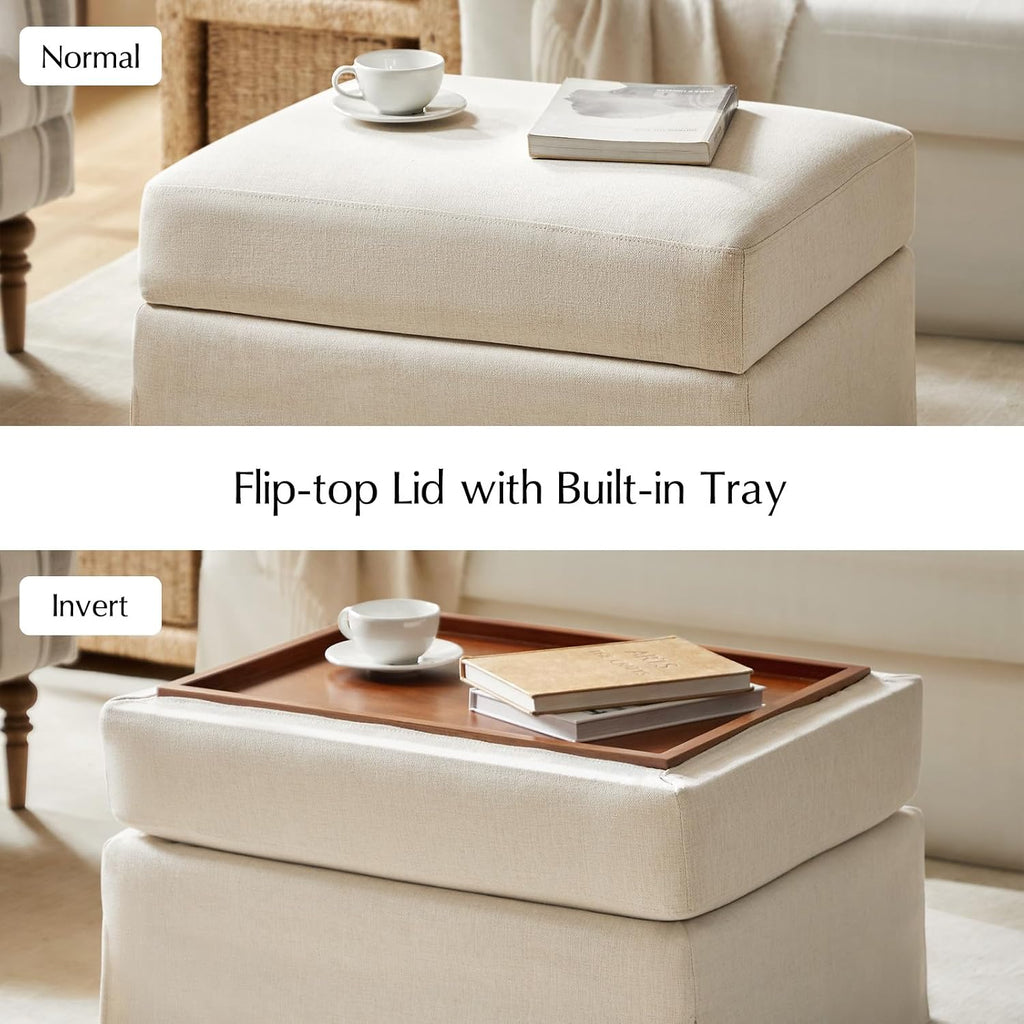 HULALA HOME Storage Ottoman Coffee Table with Lift Top, Farmhouse Linen Upholstered Ottoman with Removable Fabric Cover, 30-Inch Large Coffee Table with Storage for Living Room, Bedroom, Beige