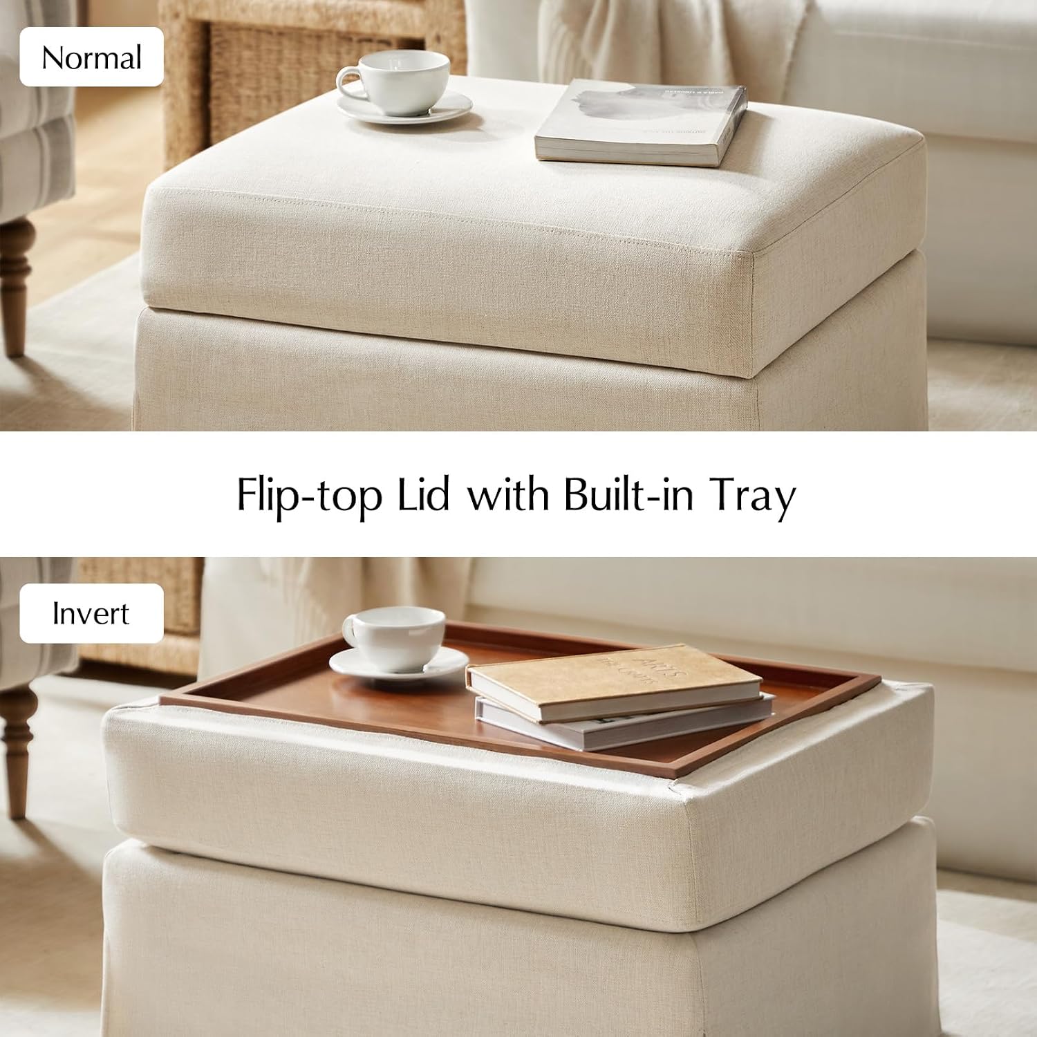 HULALA HOME Storage Ottoman Coffee Table with Lift Top, Farmhouse Linen Upholstered Ottoman with Removable Fabric Cover, 30-Inch Large Coffee Table with Storage for Living Room, Bedroom, Beige
