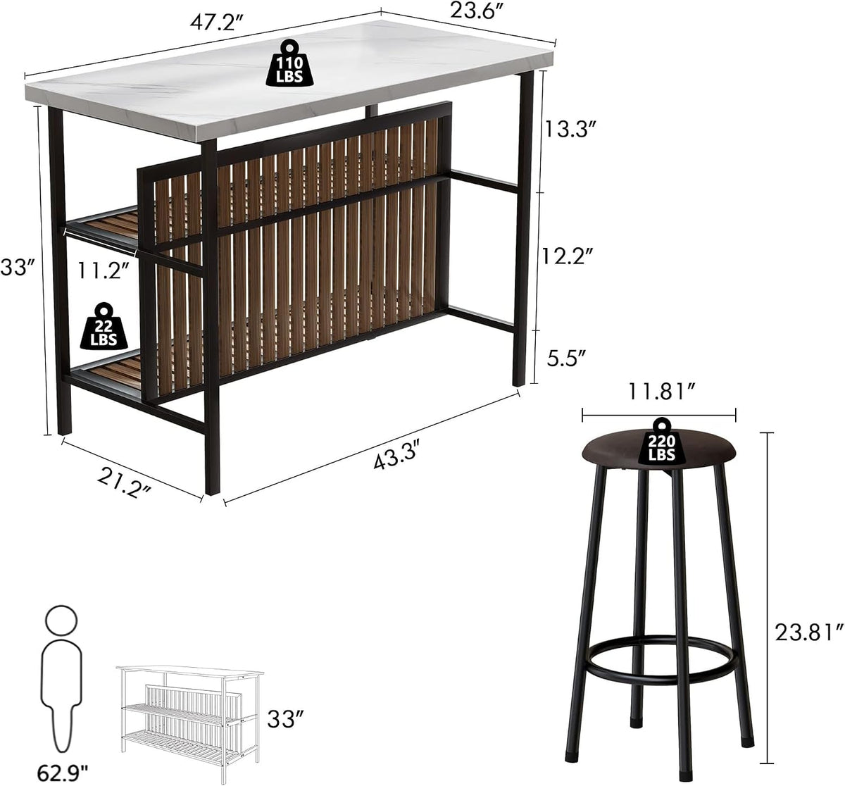 Recaceik 3 Piece Pub Set, Rectangular 2 Bar Stools, Faux Marble Dining Room Set of 2, Modern Counter Height Table with Storage, Kitchen Island with Seating, White