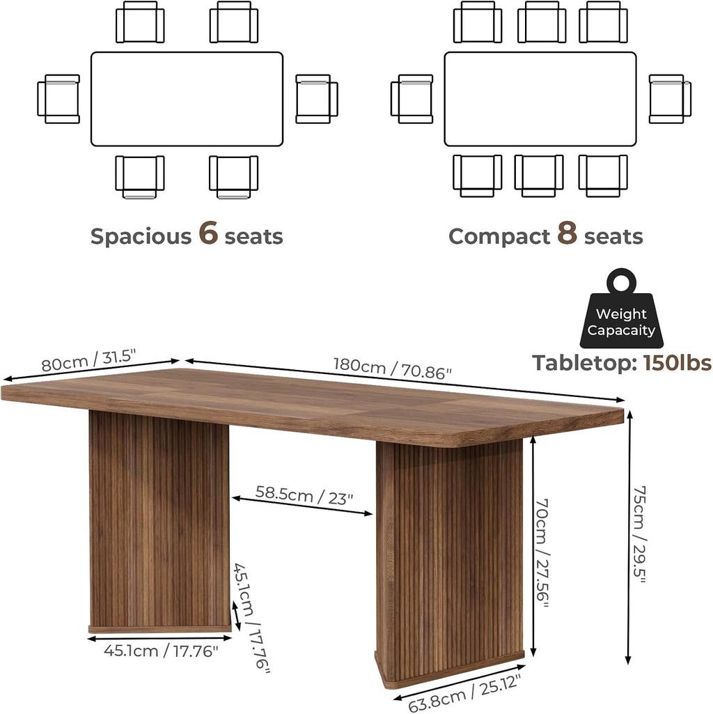 71 inch Rectangular Wood Dining Table for 6-8 People, Modern Fluted Pedestal Kitchen Table, Heavy Duty Waterproof Thickened Tabletop, Farmhouse Long Dinner Table for Home Restaurant, Walnut Brown