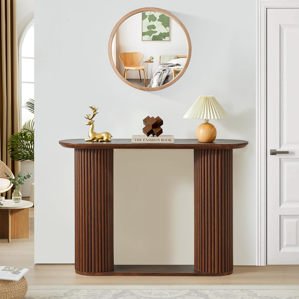 AVZEAR Fluted Entryway Console Table with Storage Shelf, Oval Curved Mid Century Couch Table Behind Sofa Console Tables Long and Skinny for Living Room Hallway Entrance Foyer, Walnut