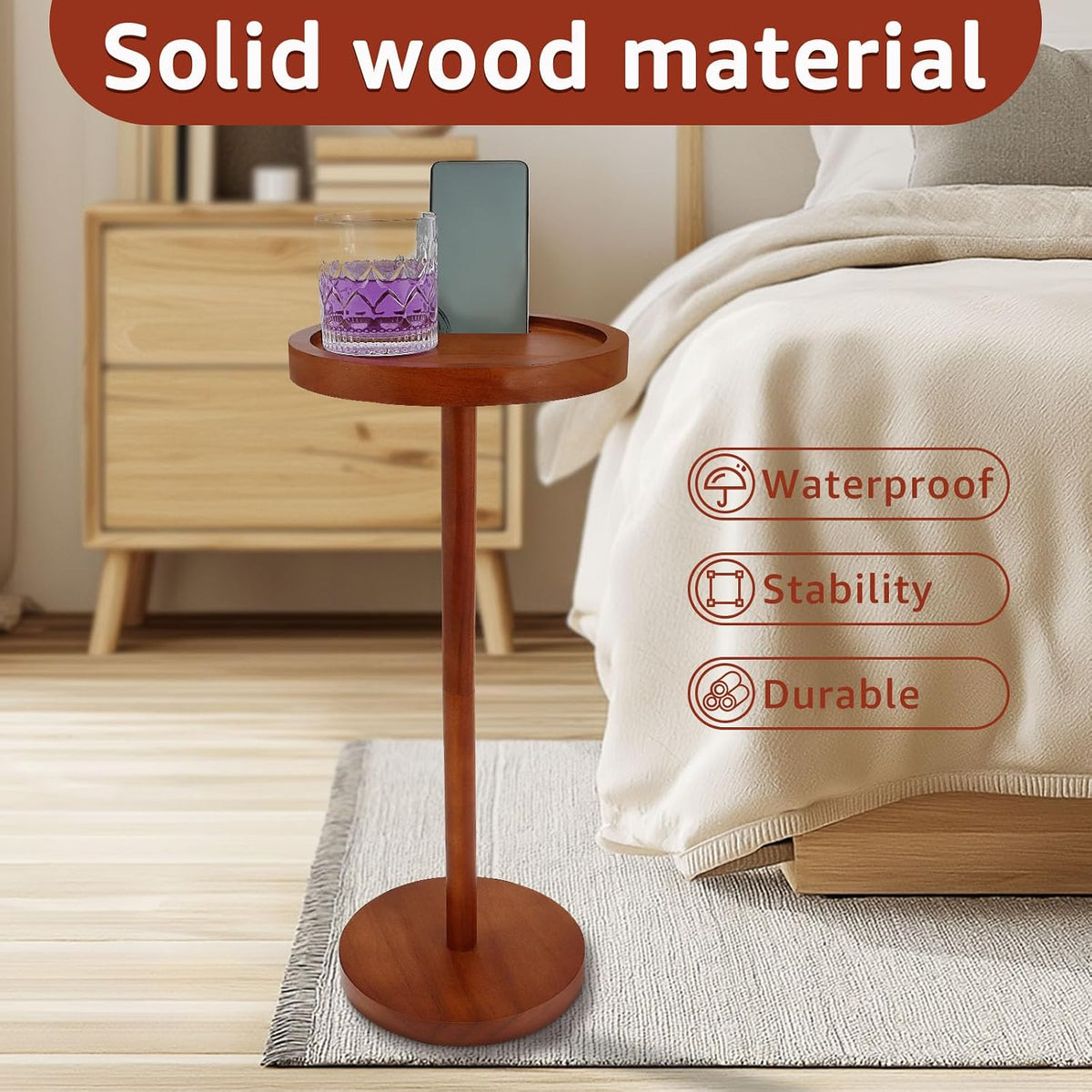 Solid Wood Pedestal Side Table With Weighted Base and Phone Holder for Small Spaces - Drink Table for Living Room, Bedroom, Sofa, Couch, Chair