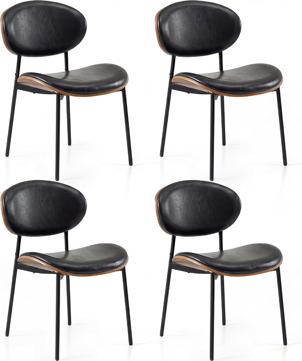 BedsPick Mid-Century Modern Dining Chairs Set of 4, PU Leather Upholstered Dining Room Chairs with Walnut Grain Back, Bentwood Kitchen Chairs with Adjustable Feetpads for Dining Room, Kitchen, Black