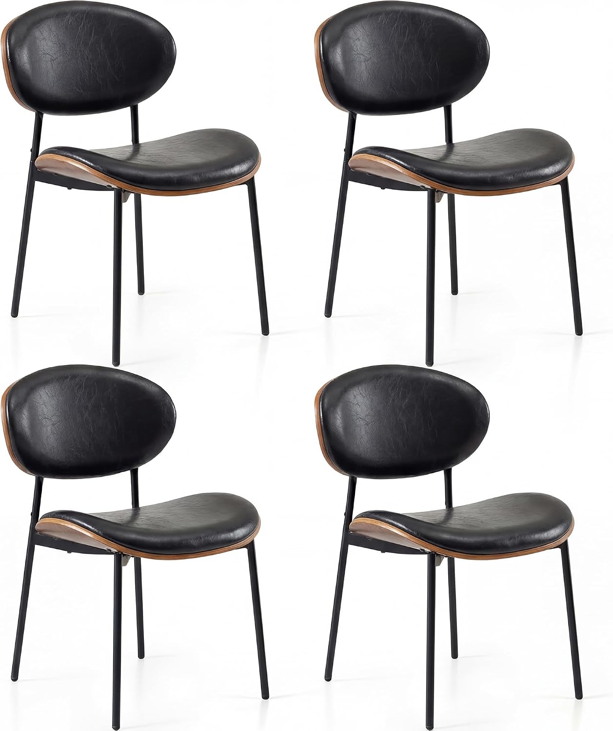 BedsPick Mid-Century Modern Dining Chairs Set of 4, PU Leather Upholstered Dining Room Chairs with Walnut Grain Back, Bentwood Kitchen Chairs with Adjustable Feetpads for Dining Room, Kitchen, Black