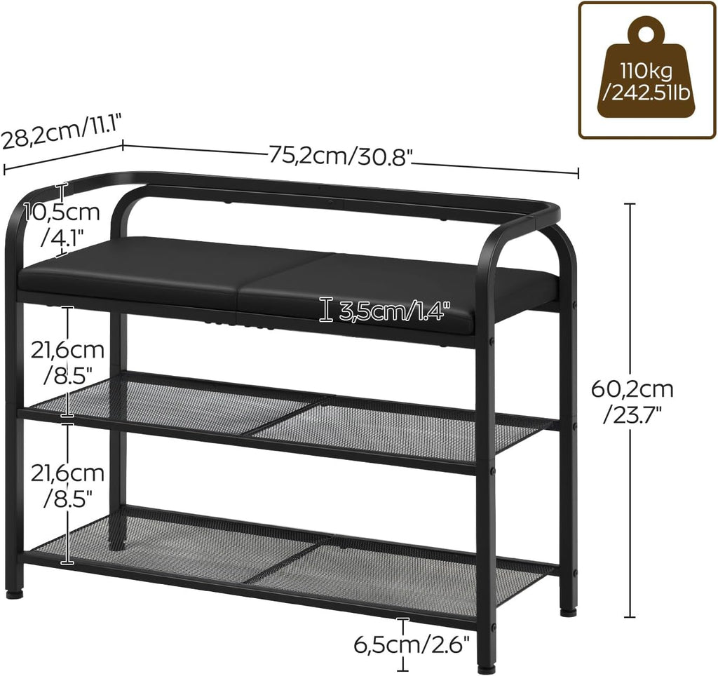 YATINEY Shoe Bench with Backrest, Entryway Bench, 2-Tier Shoe Rack with PU Padded Seat, Upholstered Shoe Storage Bench with Back, for Hallway, Entryway, Foyer, Bedroom, Black HX04BB