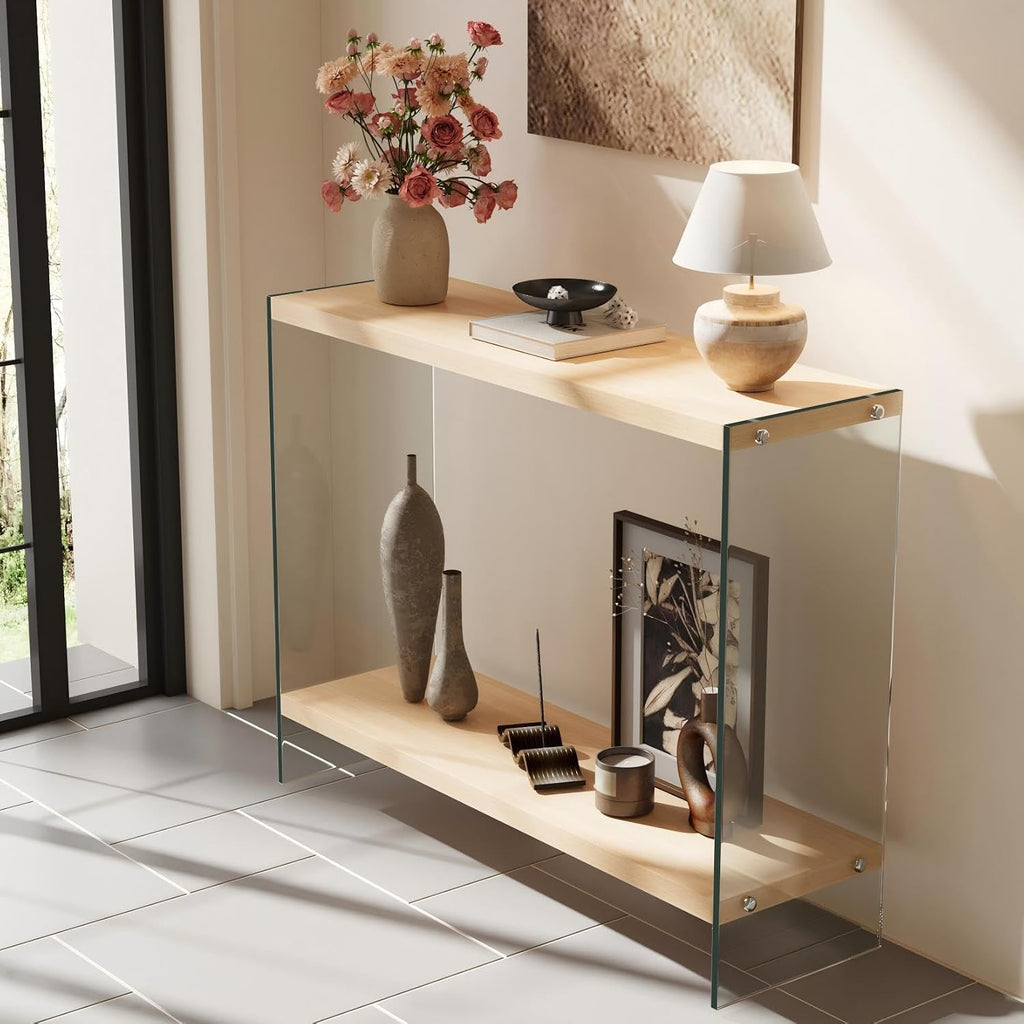 Console Table 2-Tier: 39.4 in Wide Rectangle Wood Shelf Glass Sides | Modern Desk Console Sofa Table Stand for Entryway