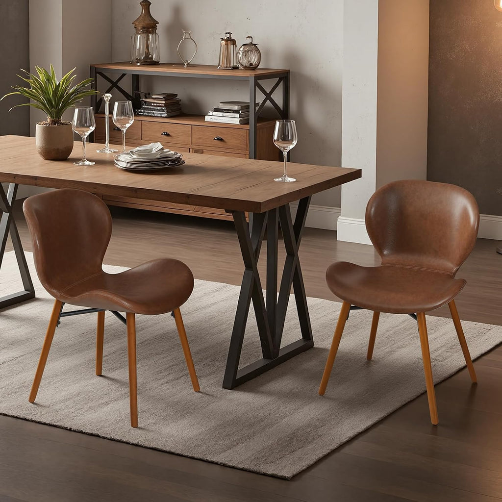 Modern Dining Chair Set of 4, Dining Room Chairs with Thick Cushions | Faux Leather Upholstered Kitchen Armless Side Chairs, Wooden Leg for Home, Kitchen, Brown