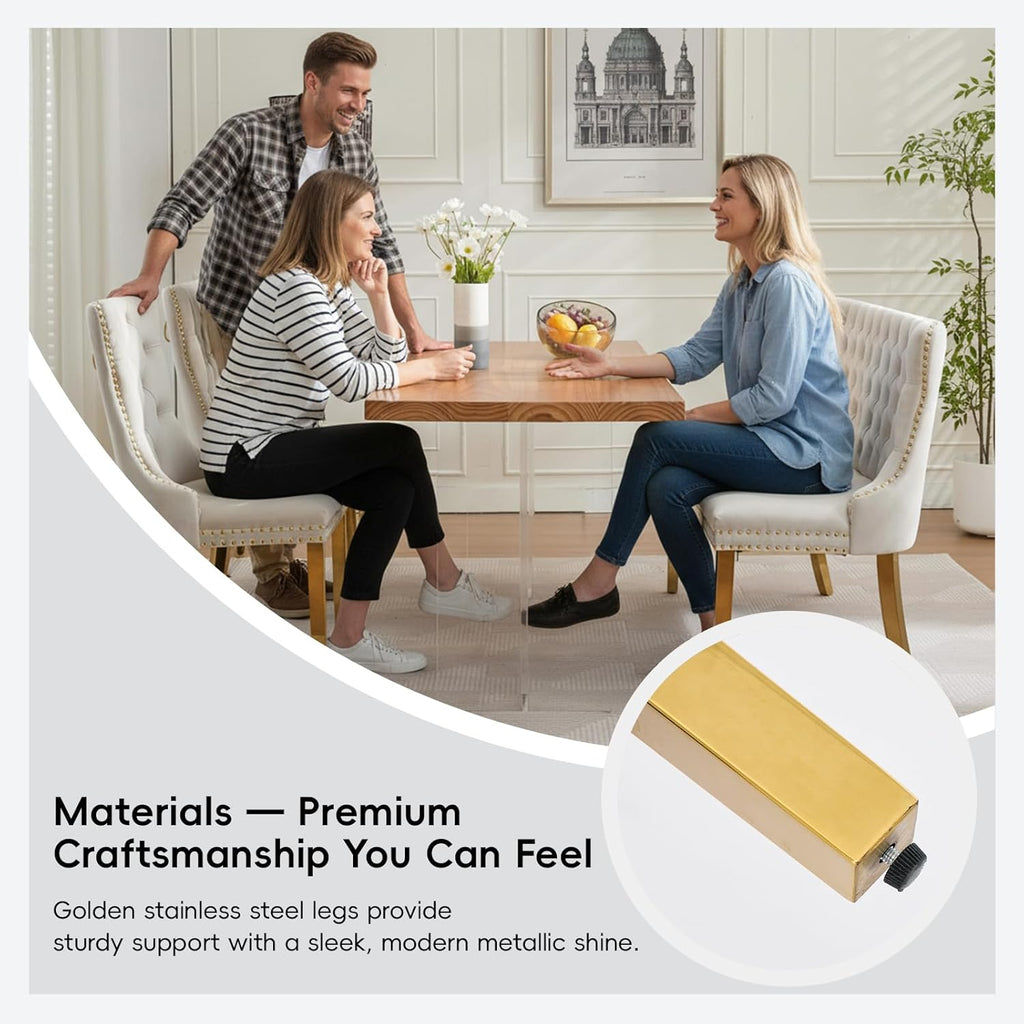 Velvet Double Dining Loveseat Bench with Wing Back, Tufted Upholstered 2-Seat Design,Golden Stainless Steel Legs, Modern Mid-Century Accent Seating for Dining Room, Kitchen, or Entryway (Beige)