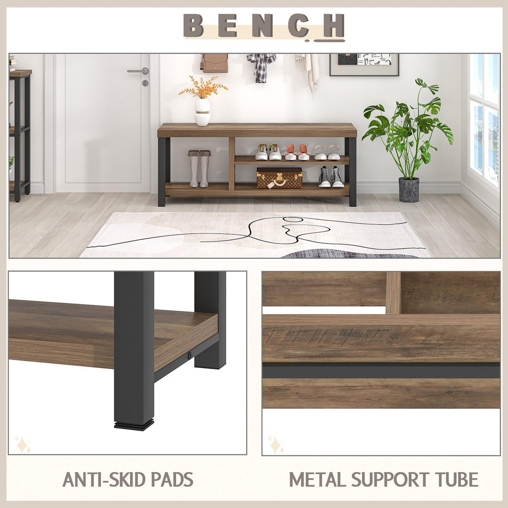 FOLUBAN Shoe Bench for Entryway, Wood and Metal Indoor Bench with Shoe Storage and Seating for Bedroom, Hallway, Living Room, Rustic Oak, 43.3 Inch