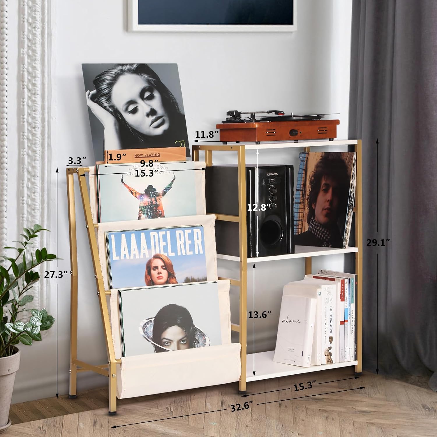 HYCFYJR Stand for Record Player, 3 Tier Vinyl Record Storage with Now Playing Holder, Turntable Stand, Vinyl Display with Speaker Storage for Living Room, Gold White