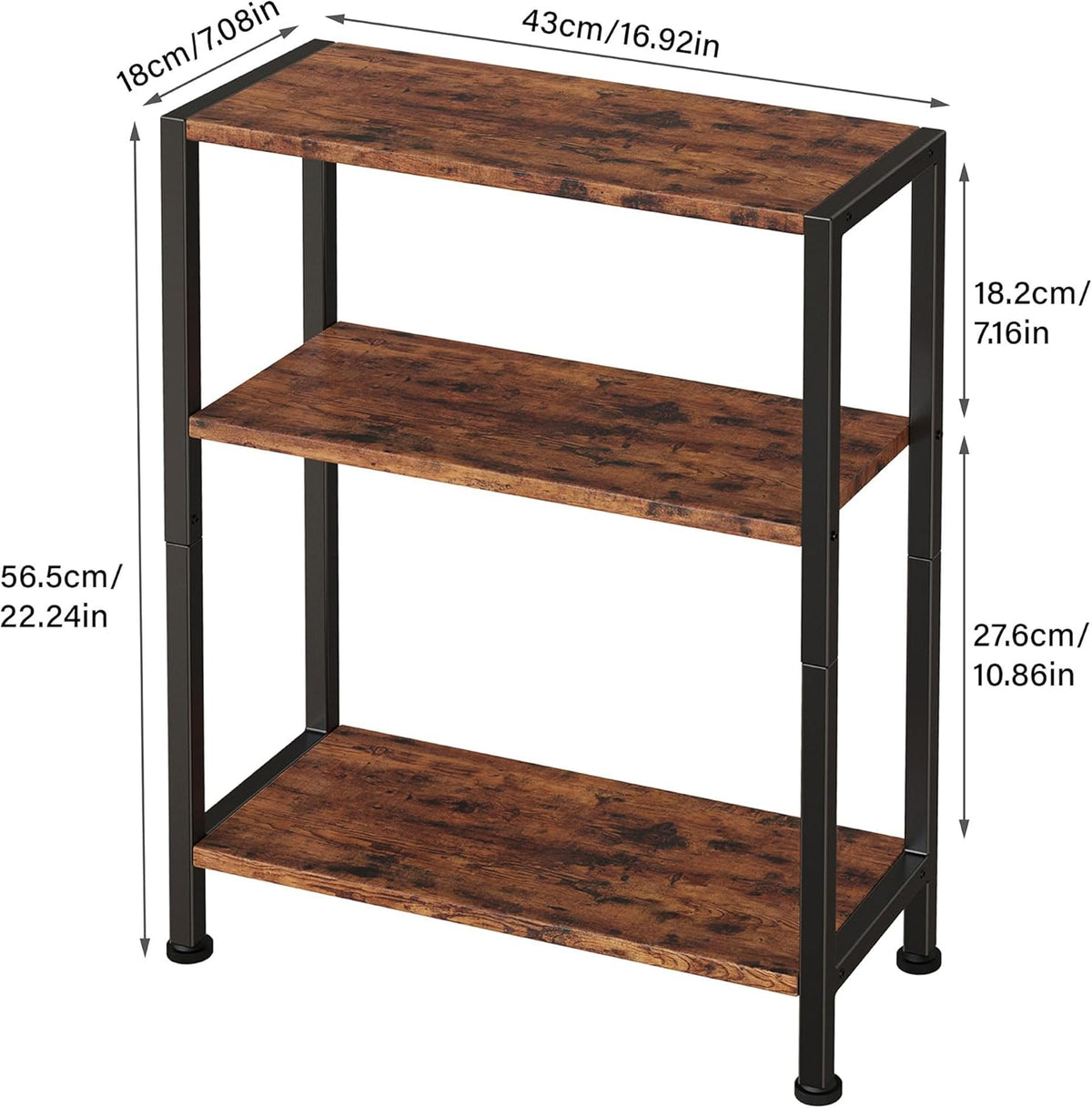 3-Tier Side Table, Small End Table, Sofa Side Table for Narrow Spaces, Slim End Table, Nightstand Table, for Living Room Bedroom Office, Rustic Brown