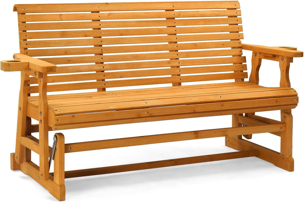 VINGLI Wooden Patio Glider, Heavy Duty 800 LBS Outdoor Glider with Cup Holders, 5 FT Wooden Glider Bench with High Backrest for Garden, Yard, Patio, Teak