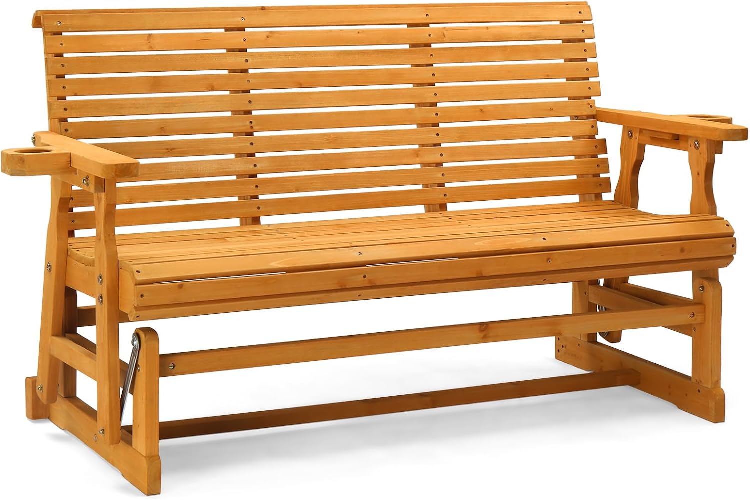 VINGLI Wooden Patio Glider, Heavy Duty 800 LBS Outdoor Glider with Cup Holders, 5 FT Wooden Glider Bench with High Backrest for Garden, Yard, Patio, Teak