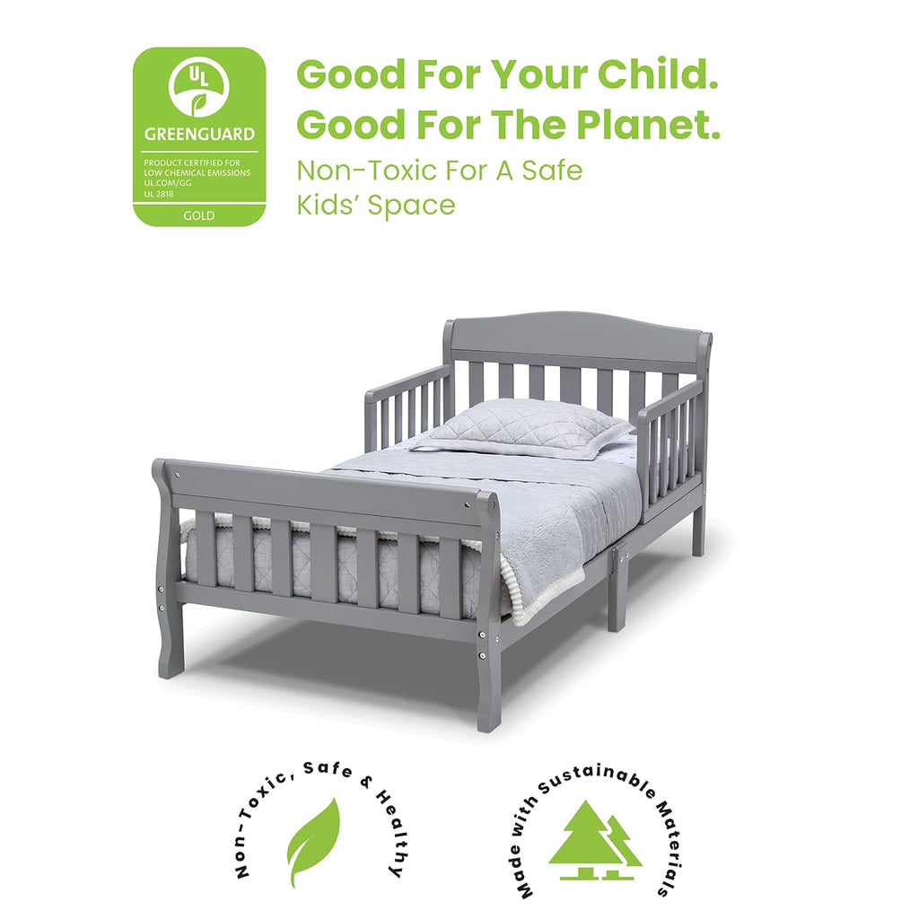 Delta Children 4-Piece Toddler Playroom Set, Pink/White, Table and 2 Chairs and 6-Bin Toy Organizer & Canton Toddler Bed, Greenguard Gold Certified, Grey