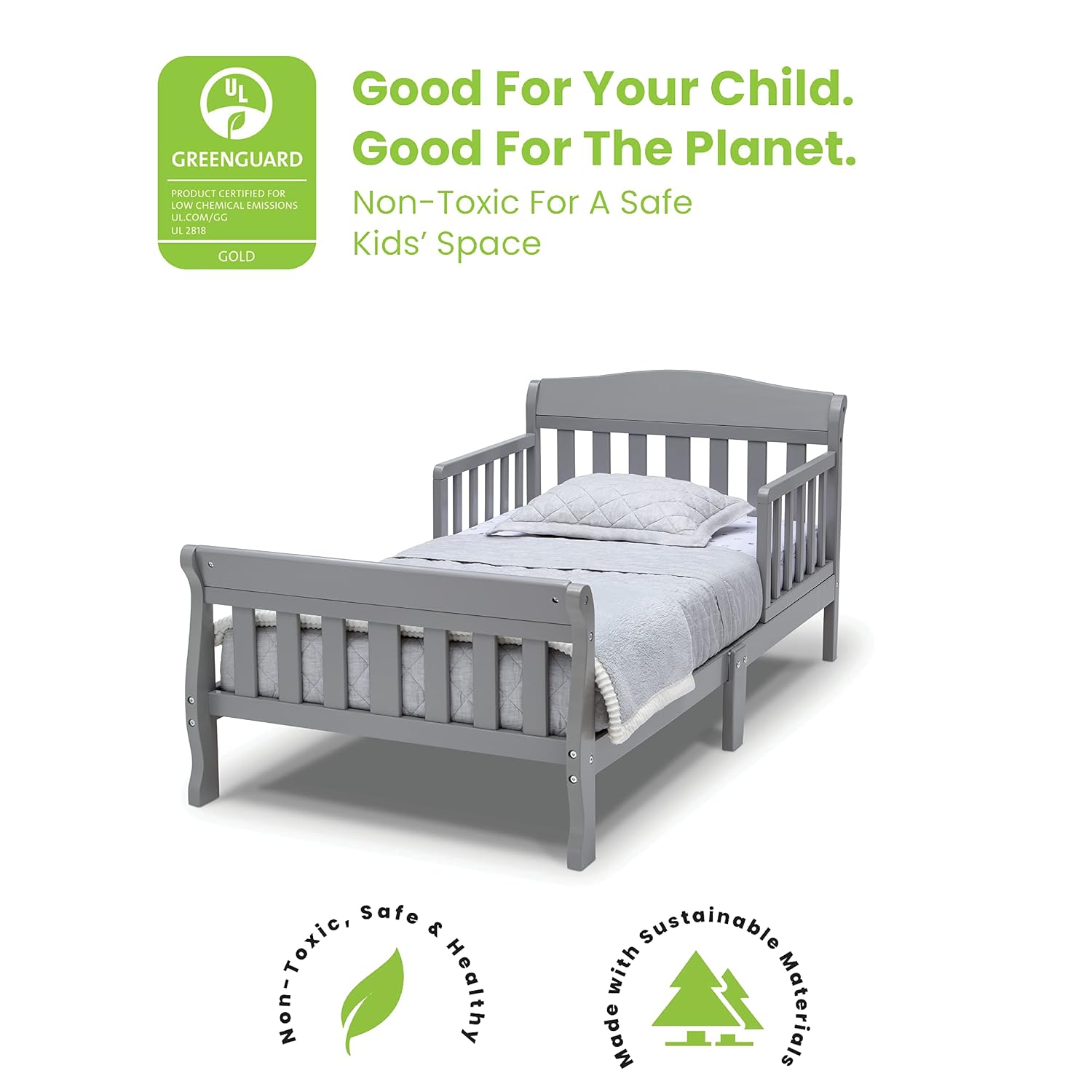 Delta Children 4-Piece Toddler Playroom Set, Pink/White, Table and 2 Chairs and 6-Bin Toy Organizer & Canton Toddler Bed, Greenguard Gold Certified, Grey