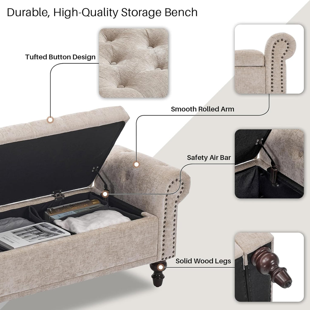 SOFTHION Storage Bench for Bedroom, 67" End of Bed Bench King Size, Upholstered Chenille Storage Ottoman with Tufted Cushioned Rolled Arm Large Storage Space for Living Room Entryway, Light Brown