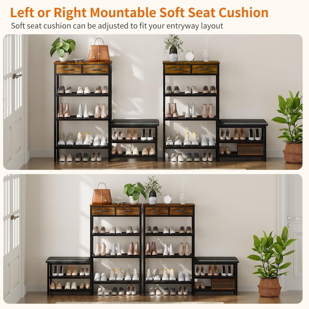 HavenlyYouth Shoe Rack Bench Cushioned with 2 Drawers & 5-Tier Entryway Organizer, Metal Frame Wood Top, Narrow Hallway Bench for Boots, Holds 16-20 Pairs, Space-Saving for Closet & Front Door
