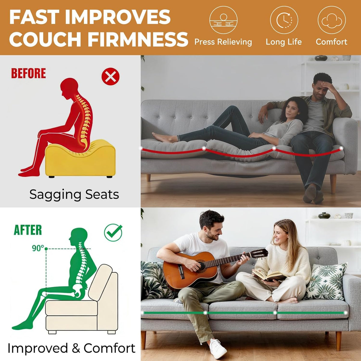 Heavy Duty Couch Cushion Support Board for Sagging Sofa, 24''x72''Wide Sofa, Thick Reinforced Wood Boards Add Strong Seat Supports, Under Couch Insert with Anti-Slip Dots, Grey