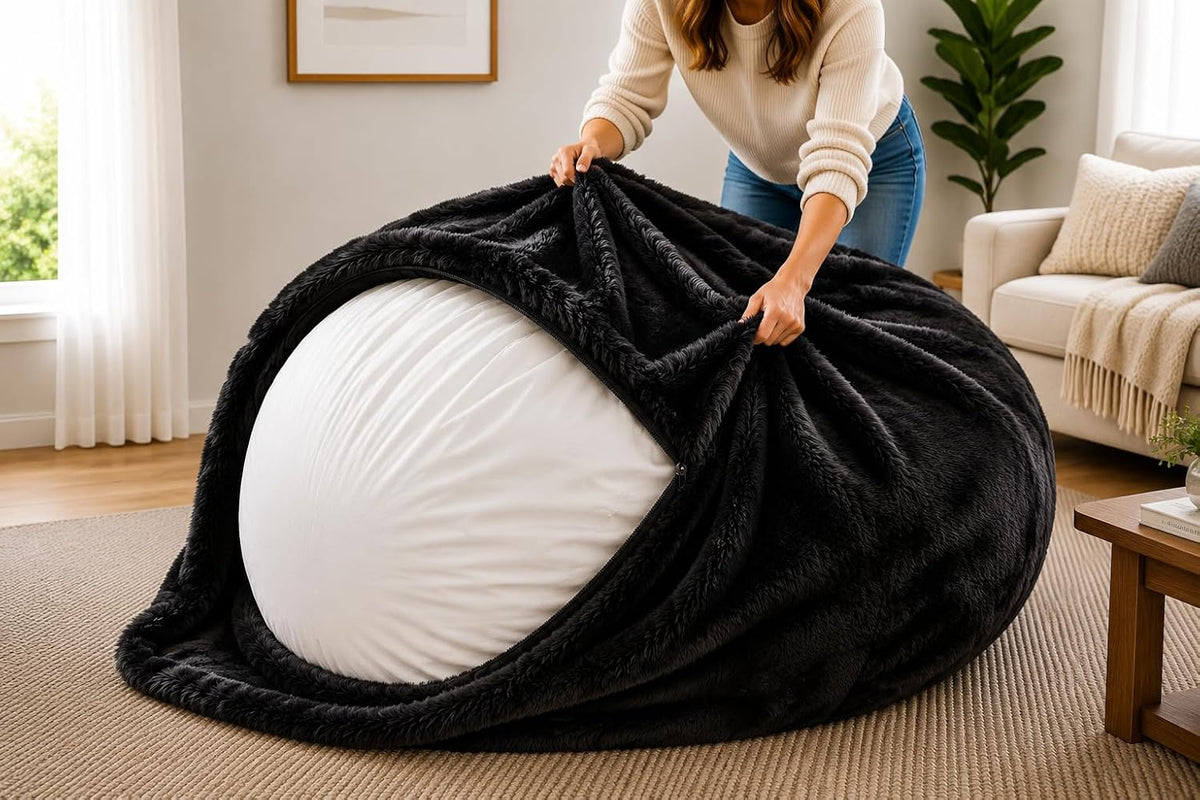 ULTIMATE SACK | 5 Ft Bean Bag Chair Replacement Cover Only | Black Fur | Removable Washable Cover only
