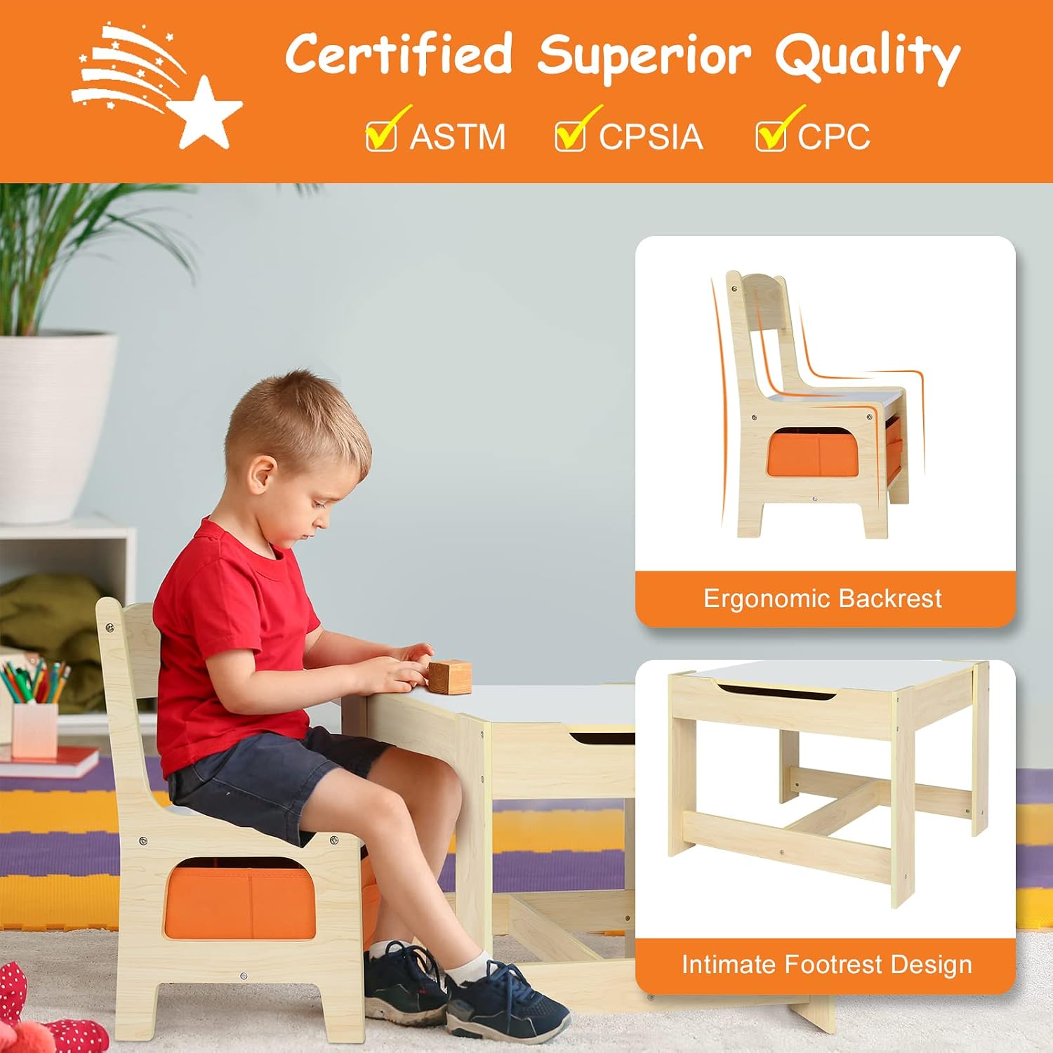 Bonnlo Kids Table and Chairs, Toddler Activity Table and Storage Drawer with a Detachable Tabletop for Kids Room, Nursery, Playroom, Natural