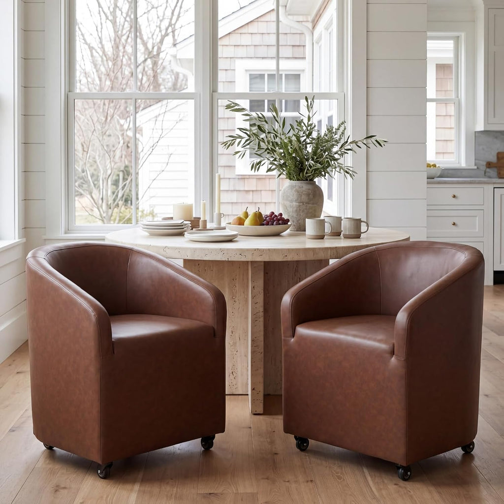 BESTANO Set of 2 Modern Upholstered Dining Chairs with Swivel Casters, Faux Leather Barrel Back Accent Side Chair for Dining Room Living Room,Brown