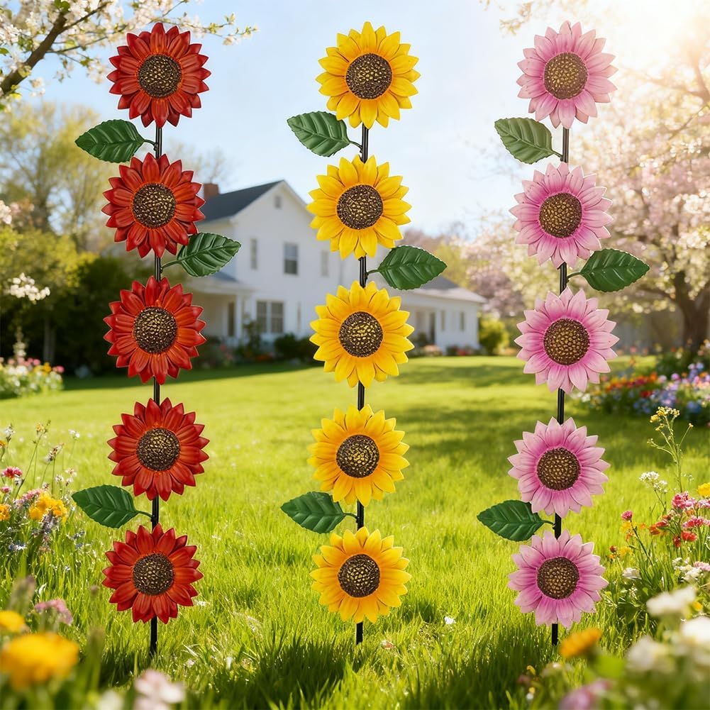Garden Decor for Outside,3 Pack Sunflowers Metal Yard Art Decorative Garden Stakes,Metal Flowers Spring Garden Stakes Decor,Landscape,Patio(22.6 * 4.7IN)