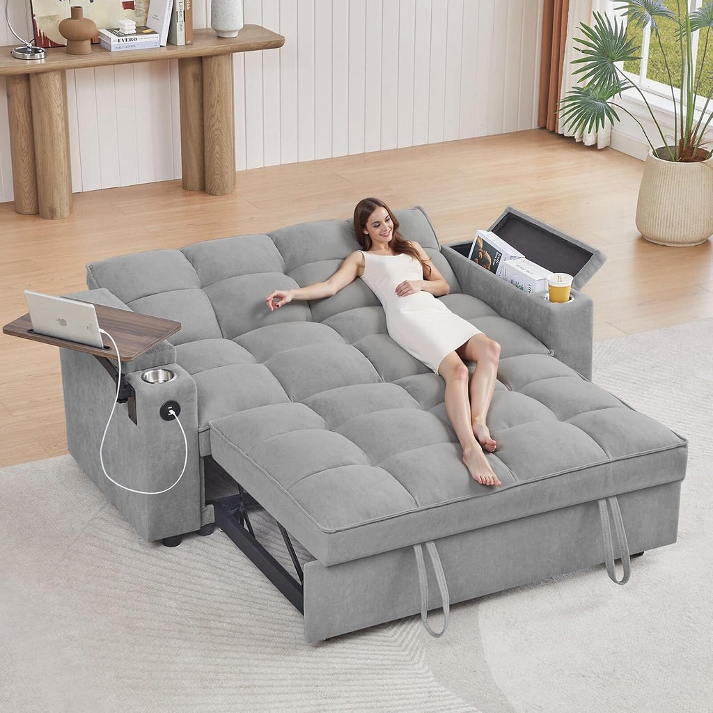 hansones 65" 3-in-1 Sofa Bed, Pull Out Sleeper Sofa with 360° Swivel Side Table, Storage Armrests, Cup Holders & USB Charging Ports, Chenille Convertible Couch for Living Room