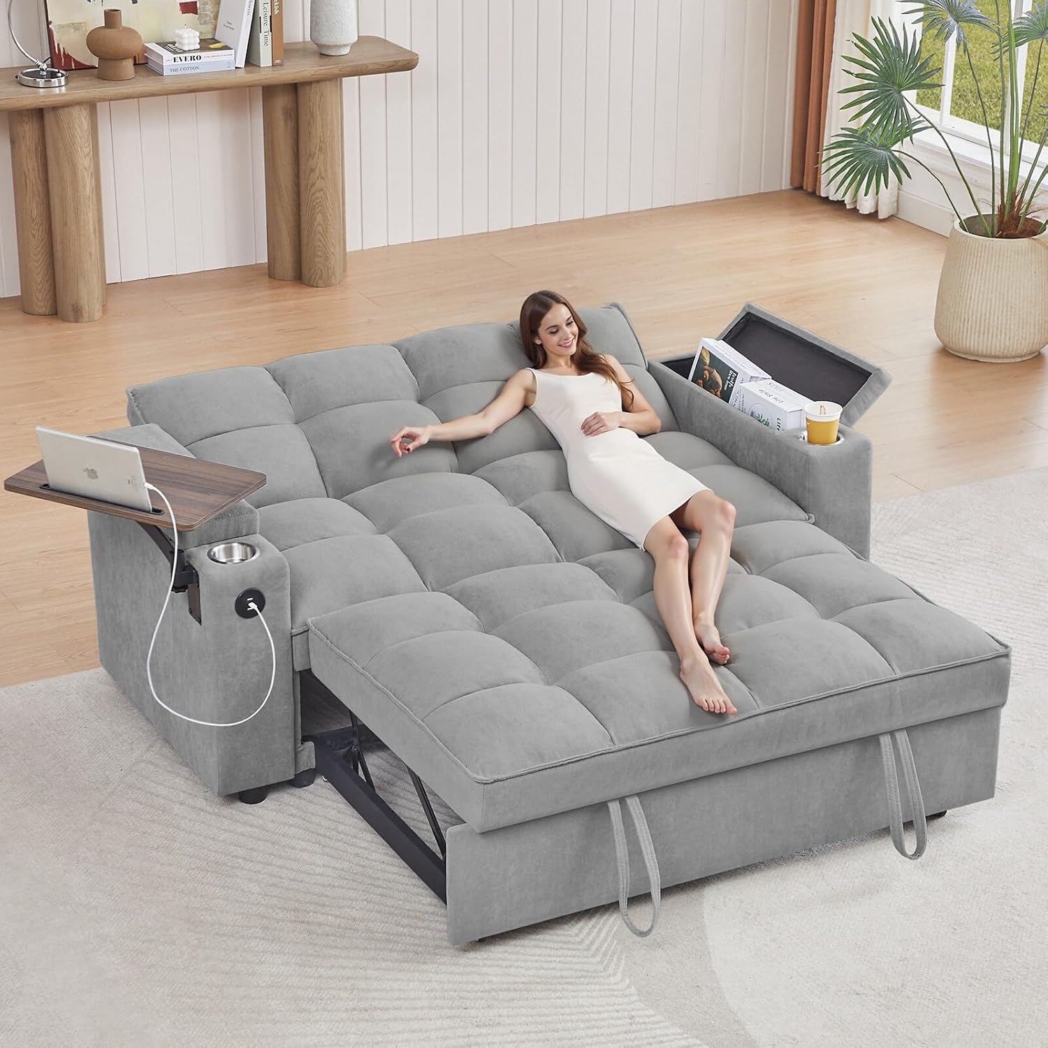hansones 65" 3-in-1 Sofa Bed, Pull Out Sleeper Sofa with 360° Swivel Side Table, Storage Armrests, Cup Holders & USB Charging Ports, Chenille Convertible Couch for Living Room