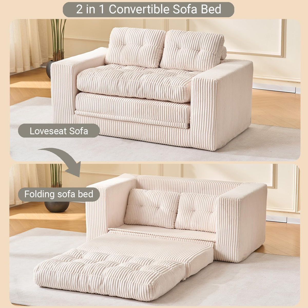 Fefances 55.1” Sofa Bed, 2-in-1 Convertible Loveseat & Folding Futon Couch, Small Space-Saving Design with Corduroy Fabric, for Living Room, Bedroom, Studio Apartment - Beige