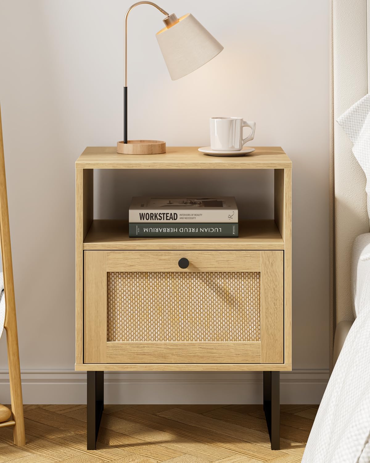 Masupu Extra Large Rattan Nightstand,Modern Boho Farmhouse Wood Bedside Table with Storage Drawer and Open Shelf, Black Frame Side End Table for Bedroom,Living Room,Office (Natural)