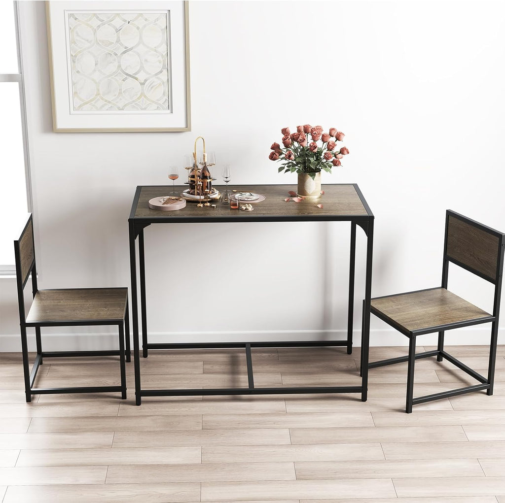 Giantex 3-Piece Dining Table Set for 2, Small Industrial Kitchen Table with 2 Chairs, Metal Frame, Space Saving Dinette Set for Breakfast Nook Dinner Small Space Apartment Living Room, Grey Oak