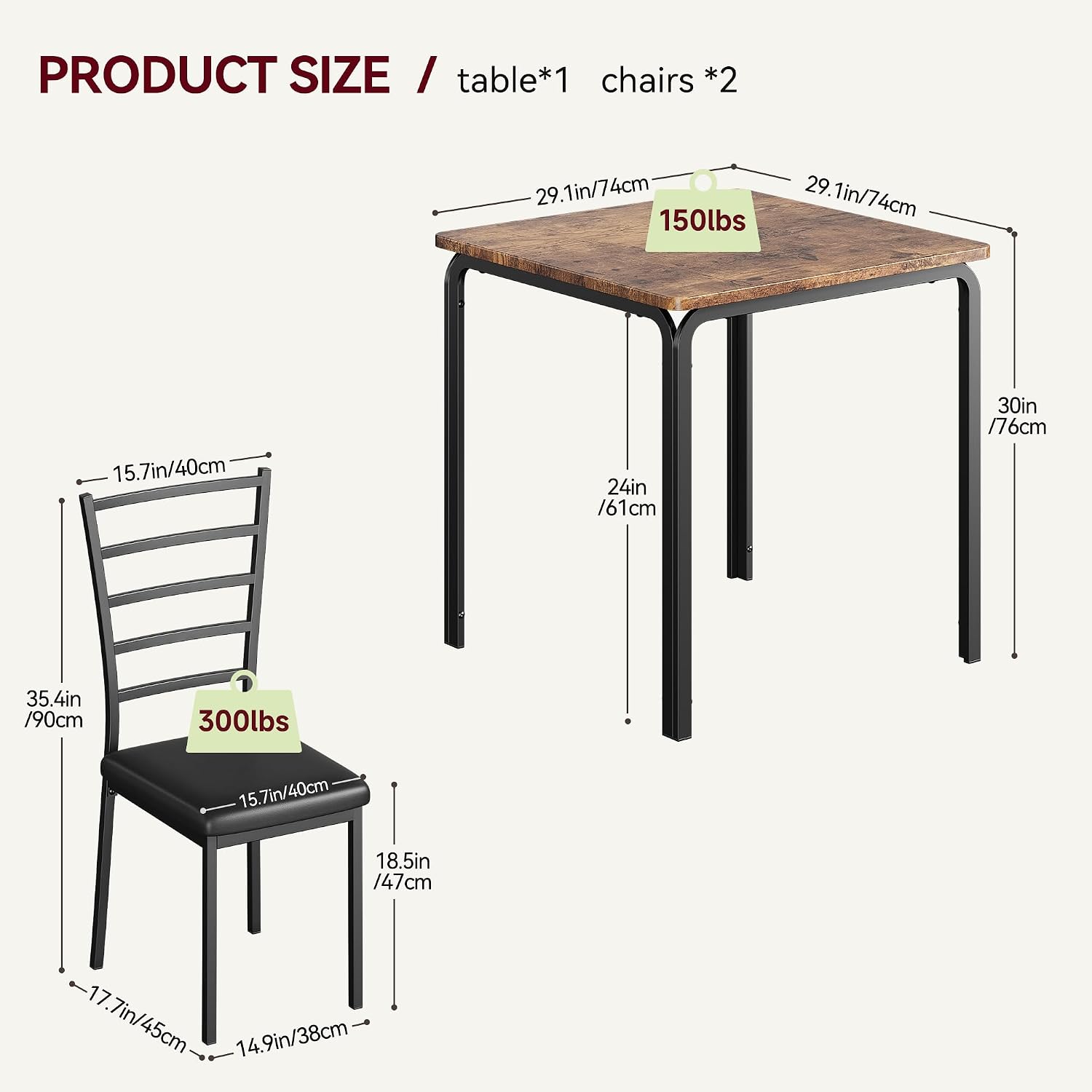 GarveeHome 3-Piece Kitchen Dining Room Table Chair Set for Small Space, Indoor Modern Dinette Set for 2, Square Dinner Table Set for Dinette (Rustic Brown‌, Dining Table with 2 Chairs)