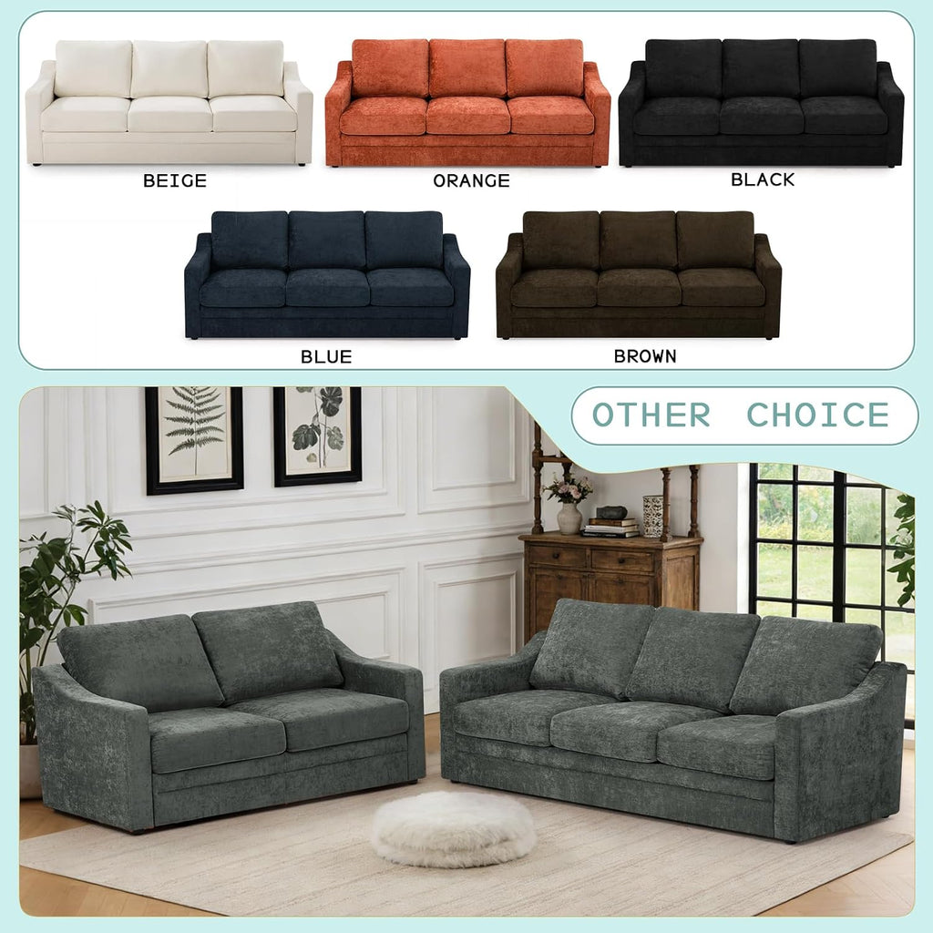 2 Pieces Chenille Sofa Set w/Soft Back Cushion, Grey | Modern 2 Seat & 3 Seats Couch Set w/Deep Seat Space, Upholstered Love Seat & Sofa w/High Density Foam for Living Room