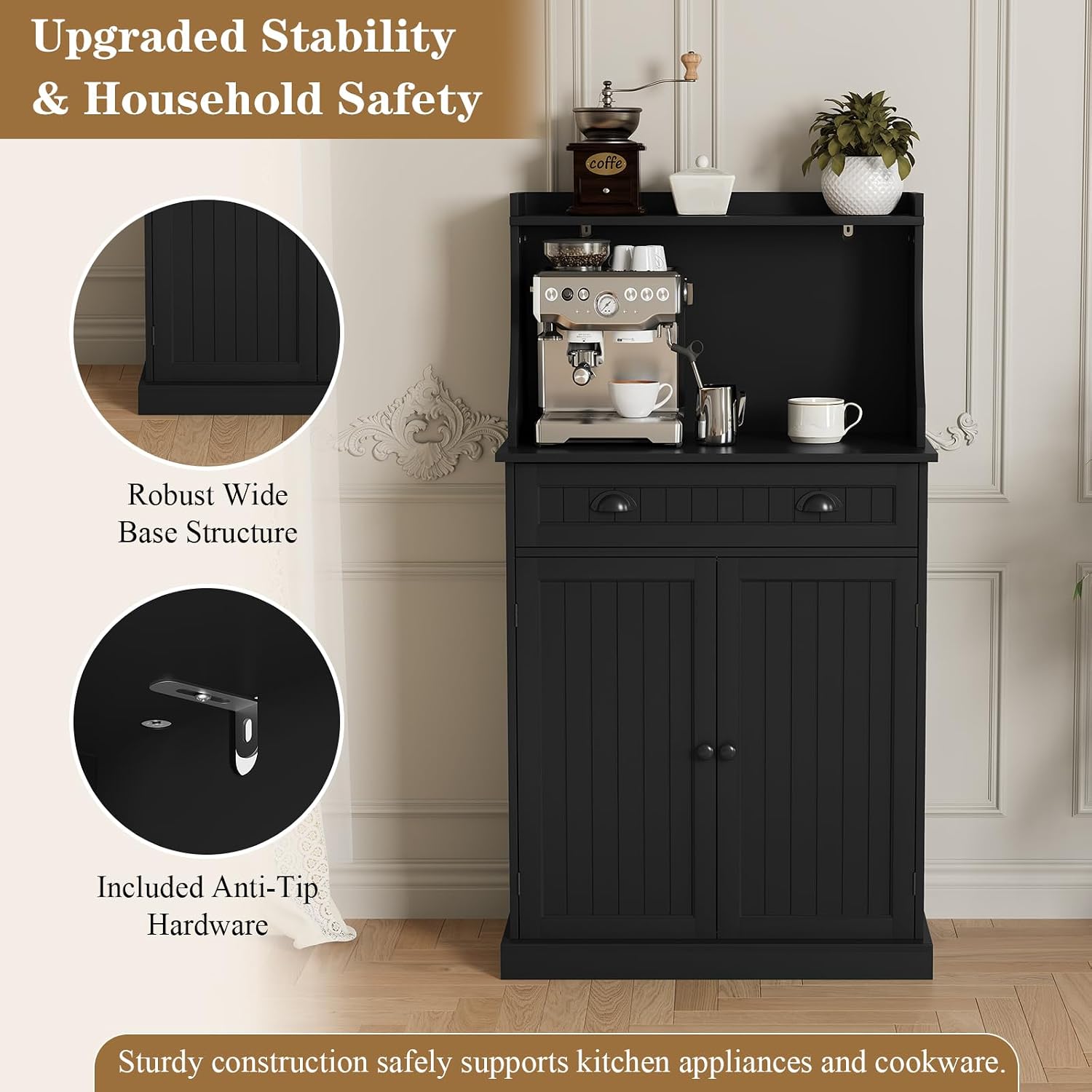 ARTPOWER 54" Kitchen Microwave Cabinet/Stand with Storage and Drawers, Pantry Storage Cabinet with Hutch & Adjustable Shelves for Kitchen, Dining Room, Living Room, Hallway in Black