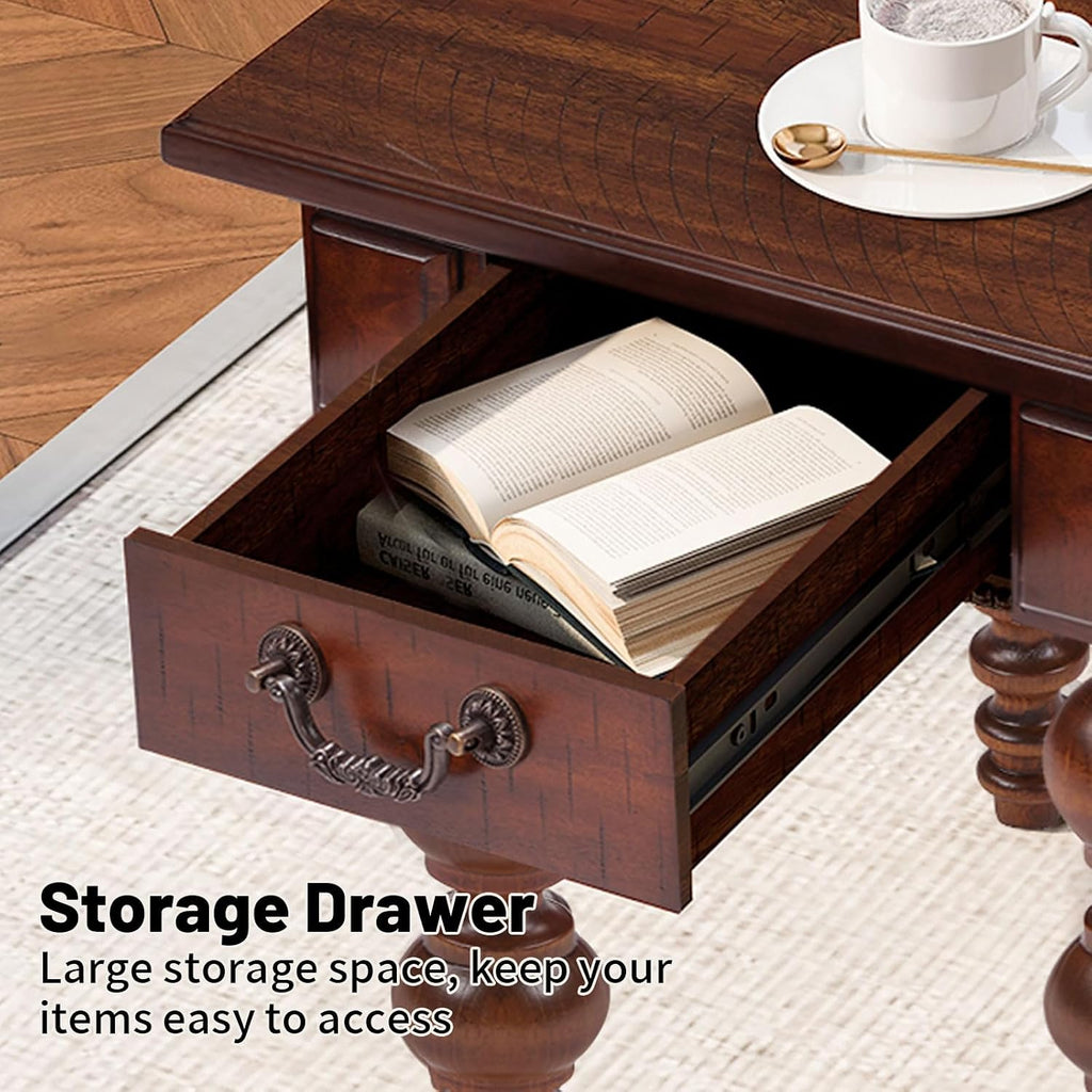 LKTART Wood End Table, Vintage Narrow Sofa Side Table with Storage Drawer, Bedside Table with Turned Wood Spindle Legs for Living Room Bedroom Small Space Home Office, No-Tools Assembly(Walnut)